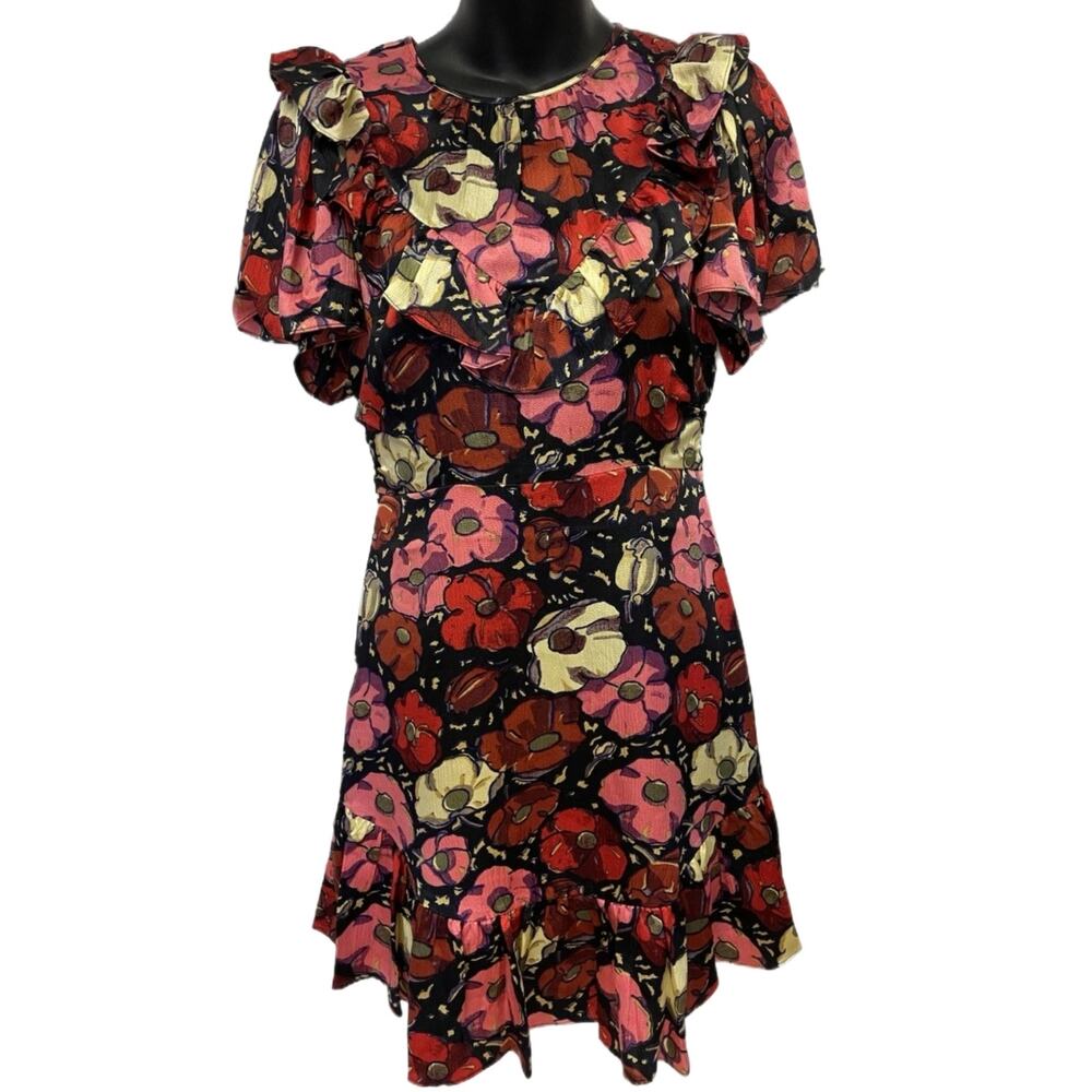 Cinq A Sept Fit & Flare Crystal Dress 0 Floral Ruffle Neck Mini 100% Silk